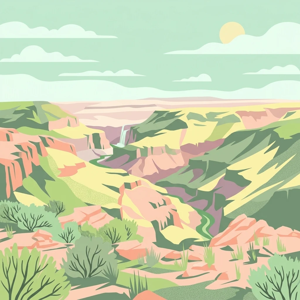 A flat-style digital illustration of a desert canyon with layered rock formations, sparse shrubs, and a distant waterfall under a pale sky.