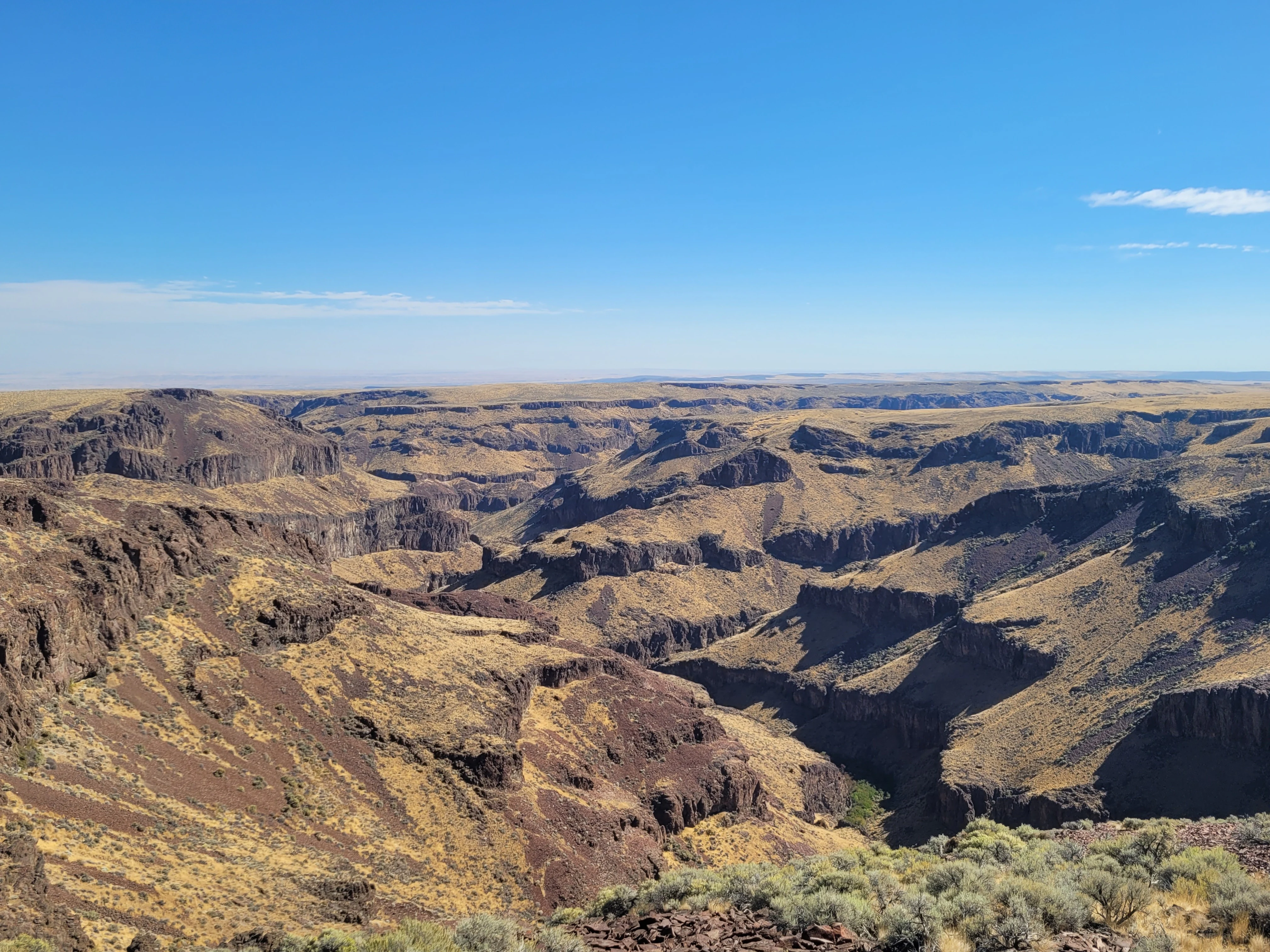 A wide, high-angle landscape shot of a deep, arid basalt canyon system under a clear blue sky, showing rocky cliffs and dry, scrub-covered plateaus.