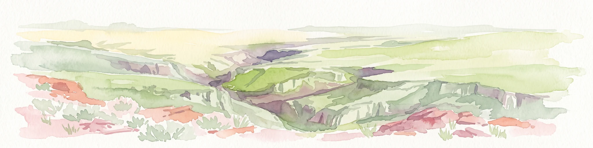 A watercolor painting showing a wide view of a desert canyon landscape with layered plateaus and earthy tones.
