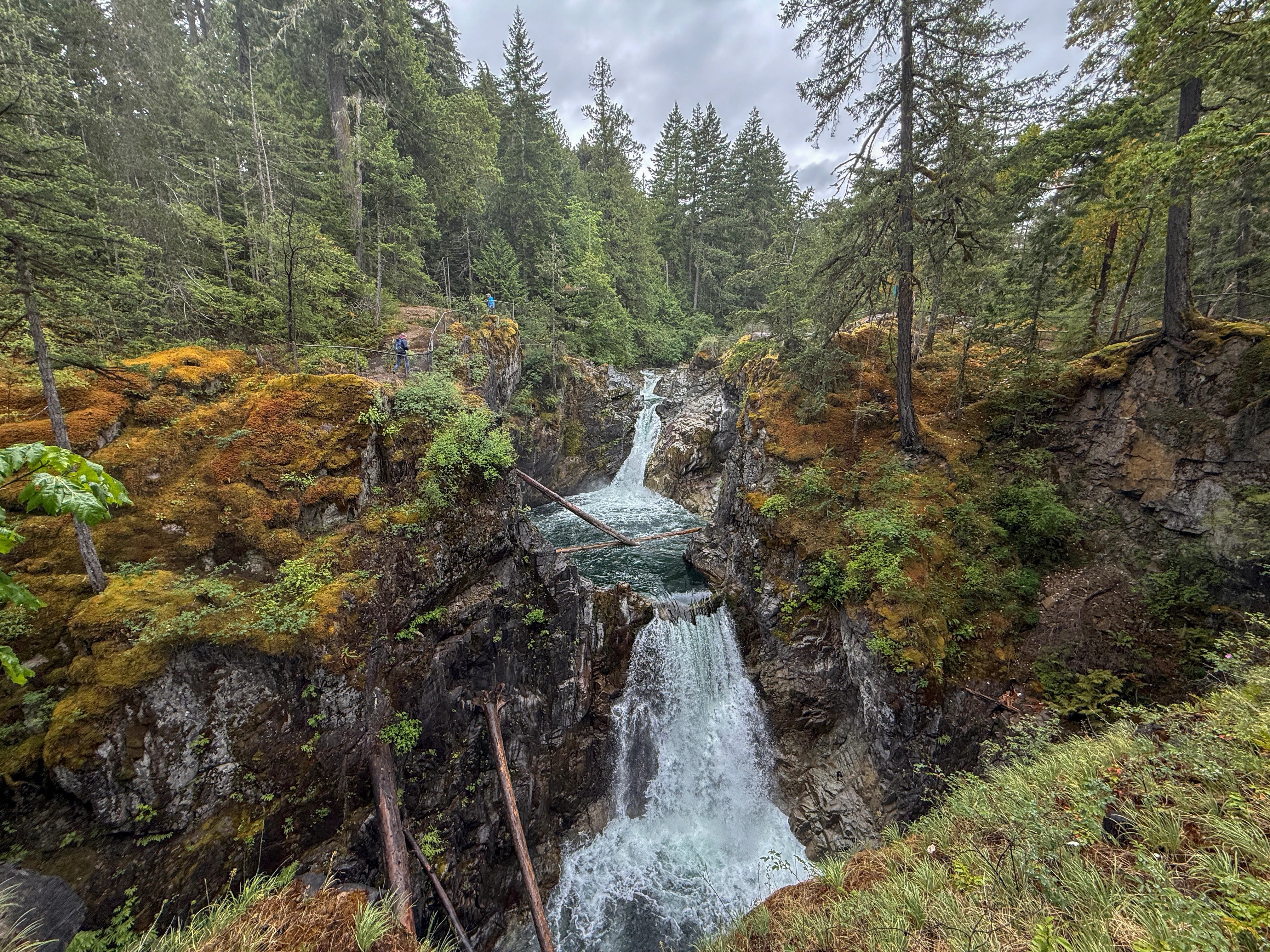 A multi-tiered waterfall cascading through a rocky canyon, surrounded by mossy rocks and dense coniferous forest under an overcast sky.