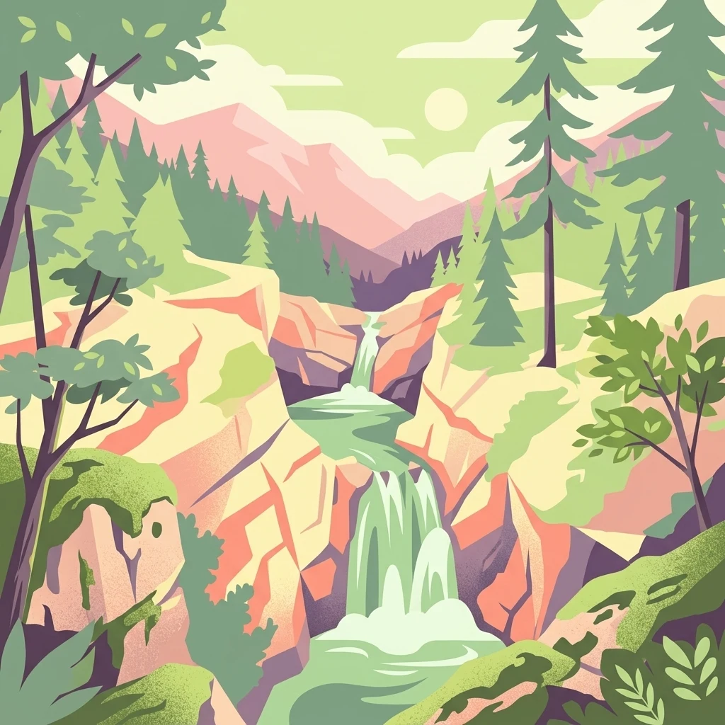 Una vibrante ilustración gráfica que muestra una cascada escalonada que fluye a través de un cañón rocoso rodeado de árboles coníferos y montañas.