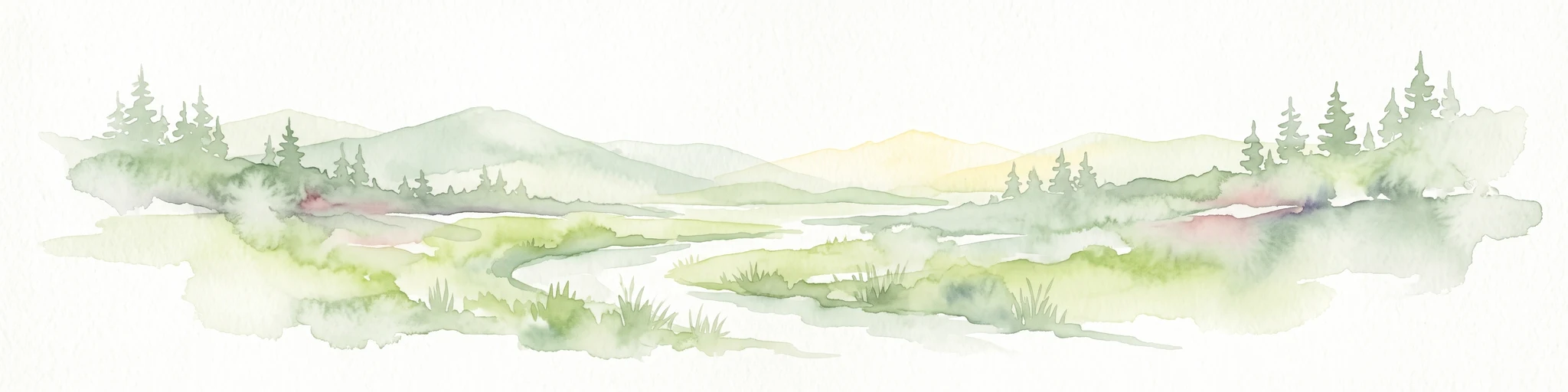 A soft watercolor illustration depicting a winding river flowing through a lush green valley with coniferous forests on the hillsides and mountains in the background.