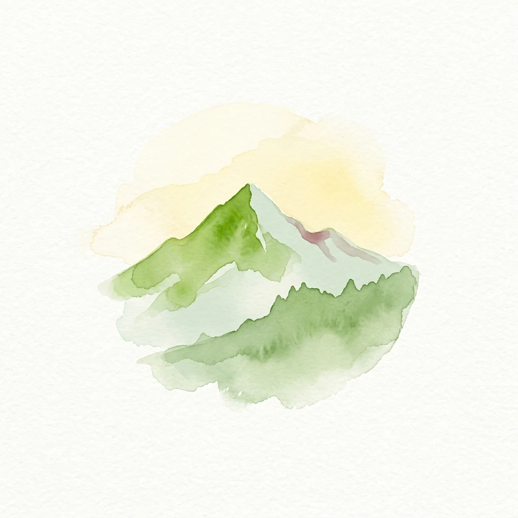 Pintura de acuarela de montañas verdes con fondo de cielo amarillo