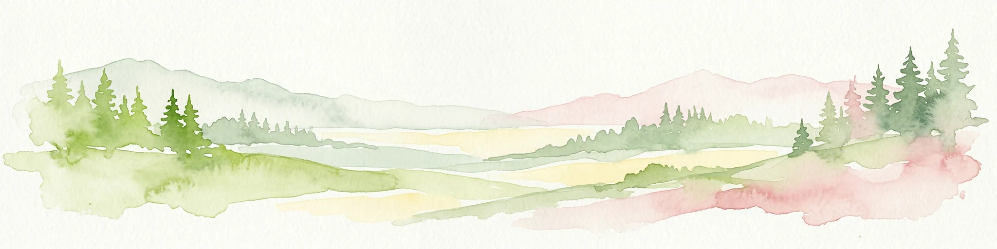 Pintura de acuarela que representa montañas, bosques y valles