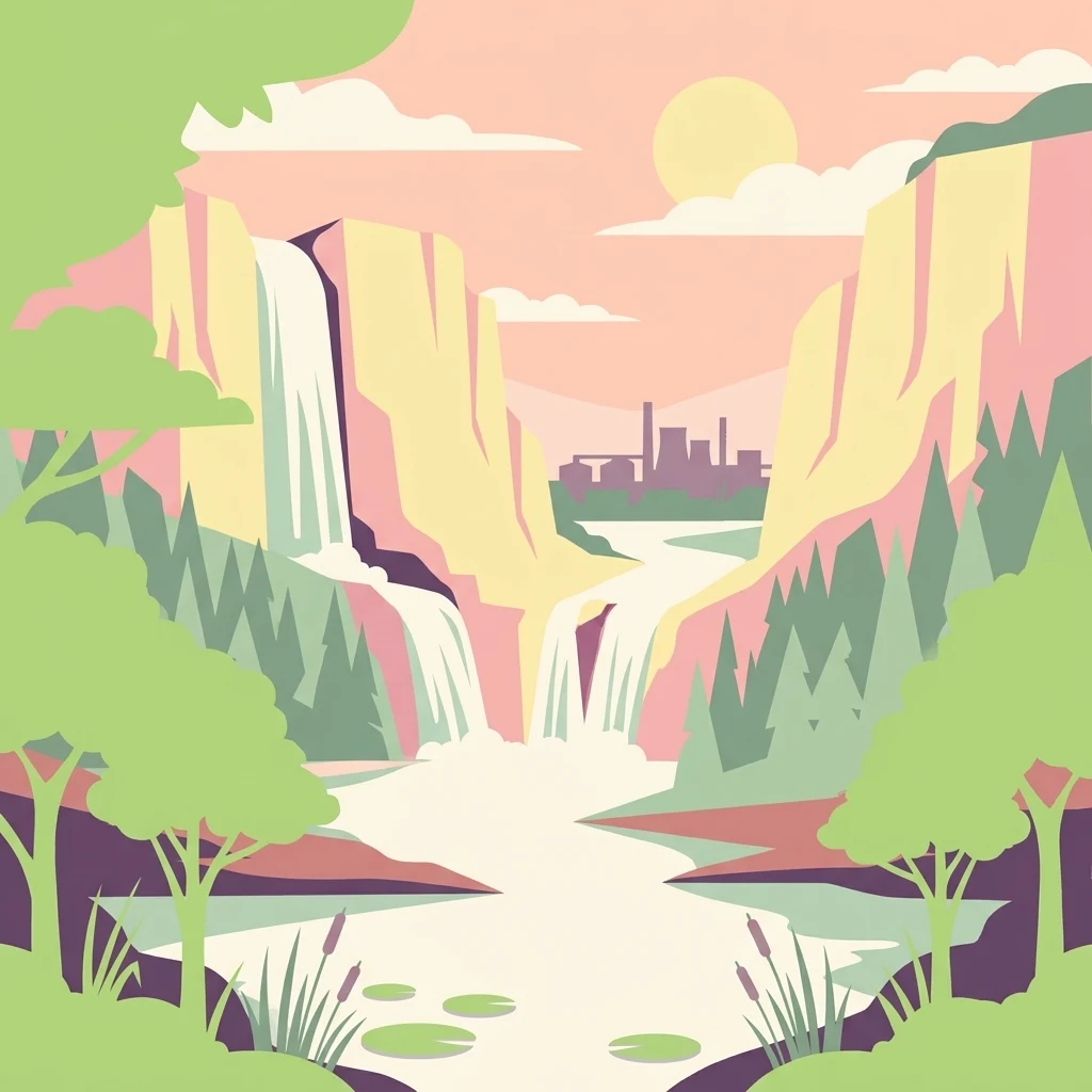 Una ilustración digital de estilo plano de un valle de montaña con cascadas que fluyen hacia un río, rodeado de árboles y acantilados, bajo un sol pálido.