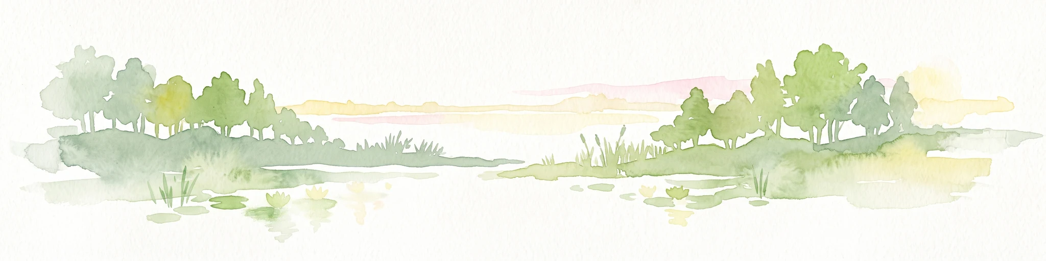 A horizontal watercolor illustration depicting a quiet riverbank with soft green trees, light vegetation, and calm water reflecting the landscape.