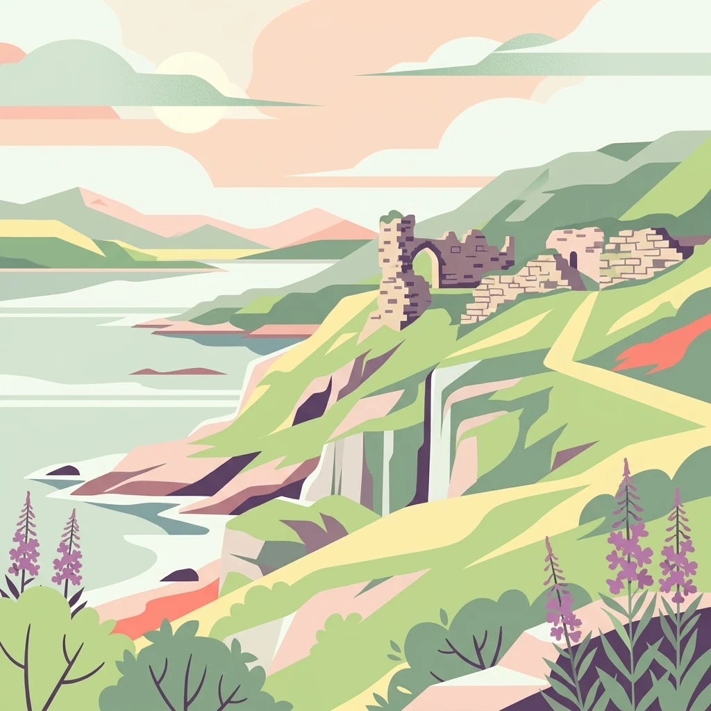 Una ilustración gráfica que muestra un paisaje costero con colinas verdes, una ruina de piedra y un lago bajo un cielo al atardecer.