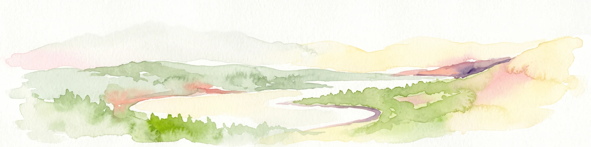 A soft, impressionistic watercolor painting of a Scottish loch surrounded by rolling green hills and distant mountain silhouettes.