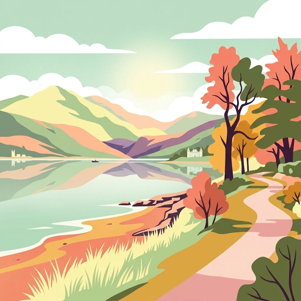 Una ilustración digital de estilo plano de un lago escocés pintoresco. Un sendero de grava serpenteante bordea la orilla en primer plano, flanqueado por árboles con tonos otoñales. Más allá del agua, montañas onduladas se elevan bajo un cielo suave y pálido. Un pequeño castillo o casa señorial es visible en la orilla lejana, y una pequeña barca flota en la superficie tranquila del lago.