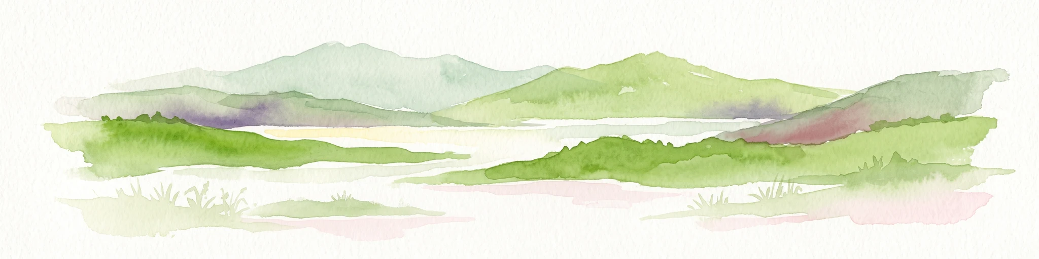 A soft watercolor illustration depicting green rolling hills and a body of water in a minimalist style.