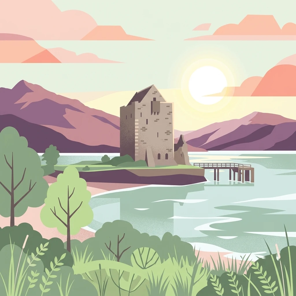 Vector-style illustration of a stone castle on a small headland, bordered by a loch and surrounded by hills, trees, and a wooden jetty at sunset.