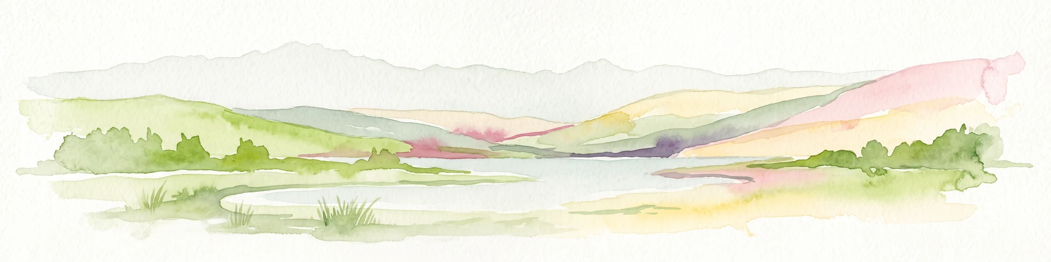A soft, artistic watercolor painting of a Scottish sea loch surrounded by gentle, green hills against a faint mountainous background.