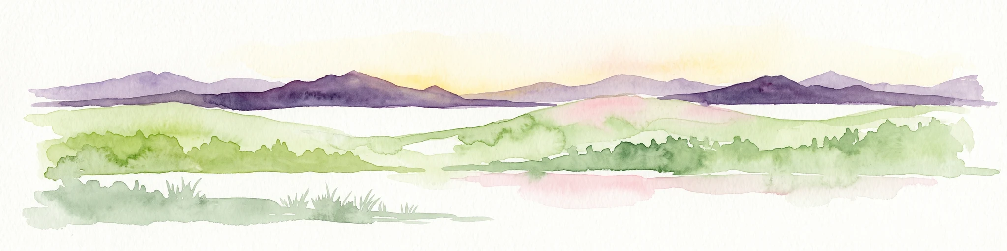 A soft watercolor painting of a landscape featuring green rolling hills, a suggestion of a reflective body of water, and layers of purple distant mountains against a light sky.