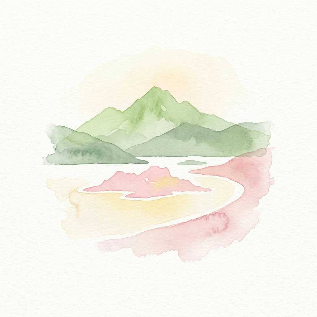 Watercolor painting of green mountains, a loch, and pinkish islands