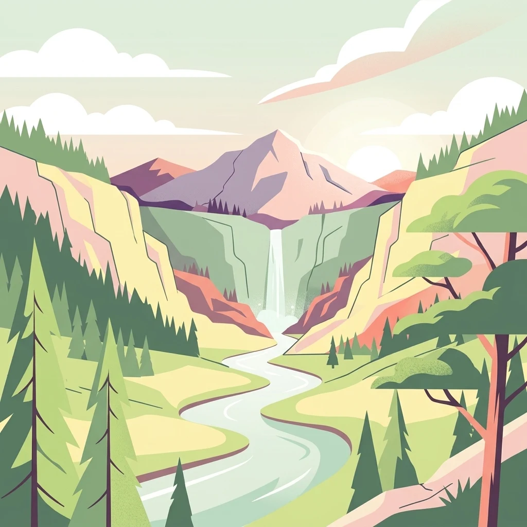 A flat-style digital illustration showing a winding river flowing through a forested valley toward a tall mountain with a cascading waterfall.