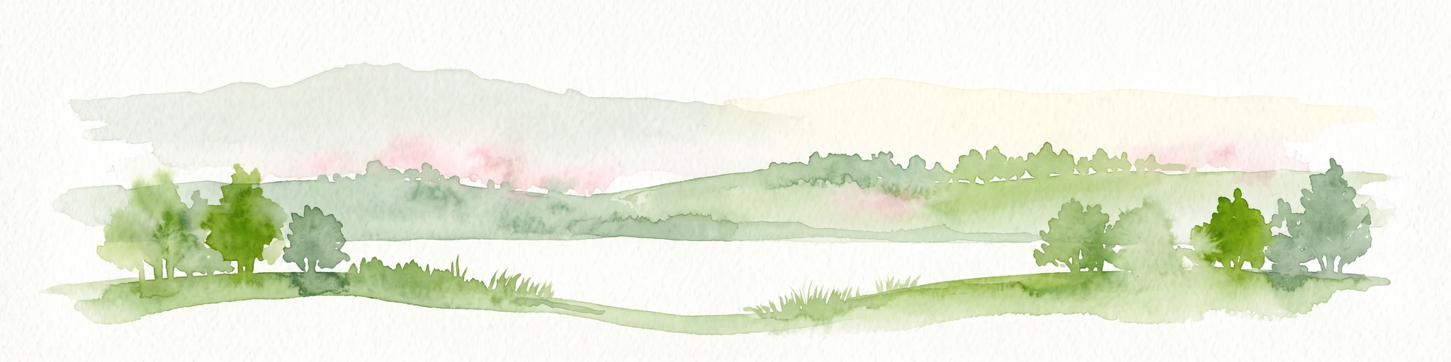 A horizontal watercolor painting showing a soft, impressionistic view of green hills, trees, and a lake, set against a light background.