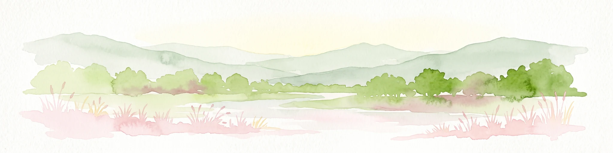 A horizontal watercolor painting showing a soft green landscape with meadows, low-lying trees, and distant hills under a light sky.
