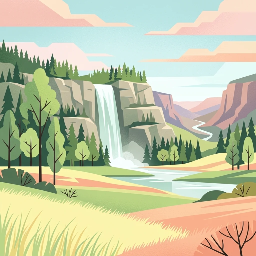 Una ilustración estilizada de una cascada que cae por un acantilado hasta un río, rodeada de bosques de pinos, hierba y colinas onduladas.