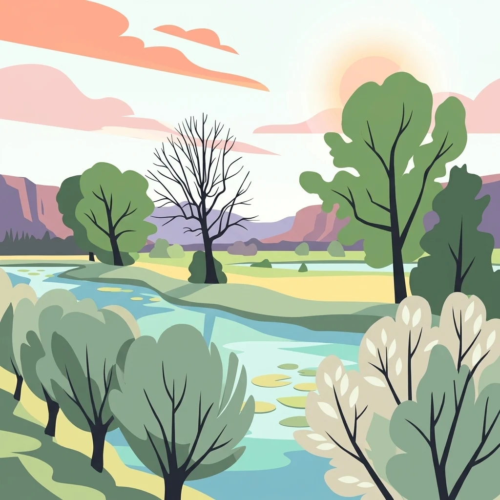 A flat-style digital illustration showing a winding river through a natural landscape with green and light-colored trees, lily pads on the water, and pinkish clouds in the sky.
