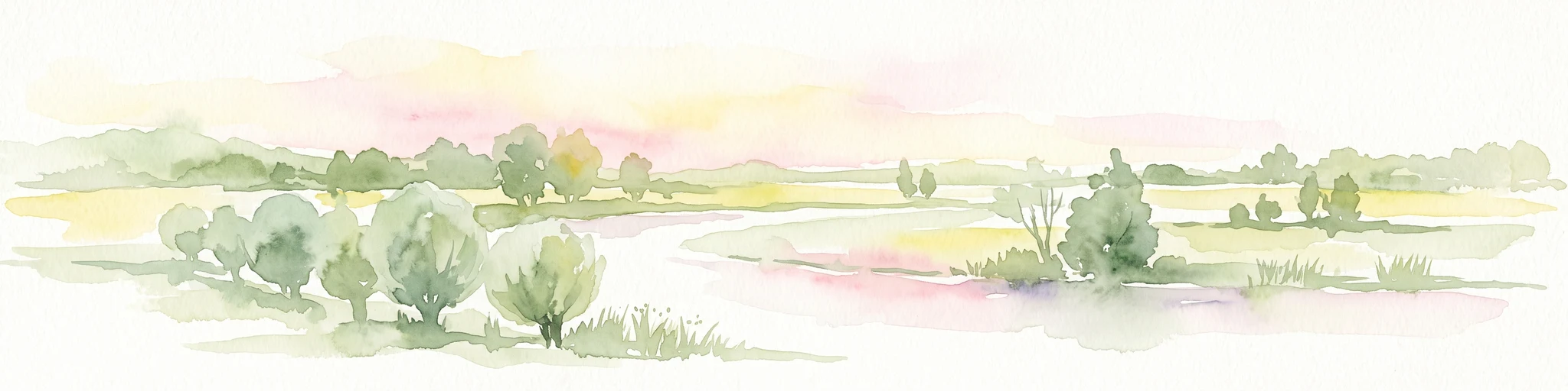 A horizontal watercolor painting of a winding river flowing through a lush, green countryside with soft trees and a pale, pastel-colored sky.