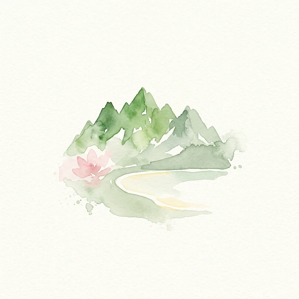 Watercolor painting showing green mountains, a winding river, and a pink flower on a white background