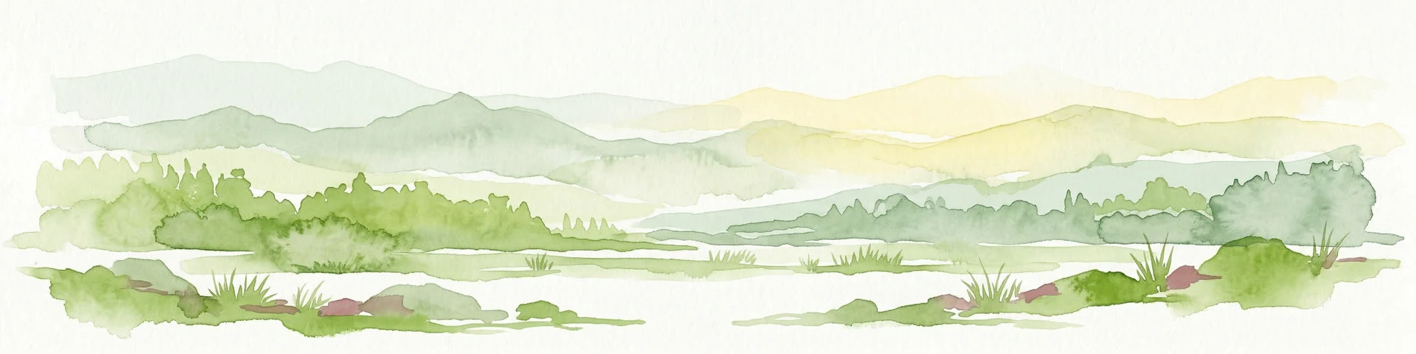 Pintura de acuarela que muestra un paisaje con colinas verdes, montañas distantes y vegetación dispersa