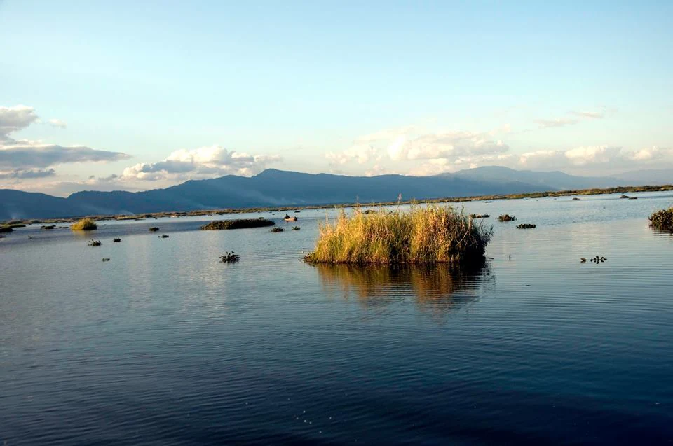 A wide scenic view of Loktak Lake with calm blue water, scattered floating islands of vegetation called phumdis, and mountain ranges in the distance under a pale blue sky.