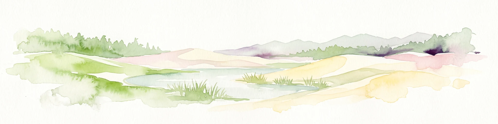 A watercolor painting showing a landscape of sandy dunes, small pools of water, and green vegetation against a white background.