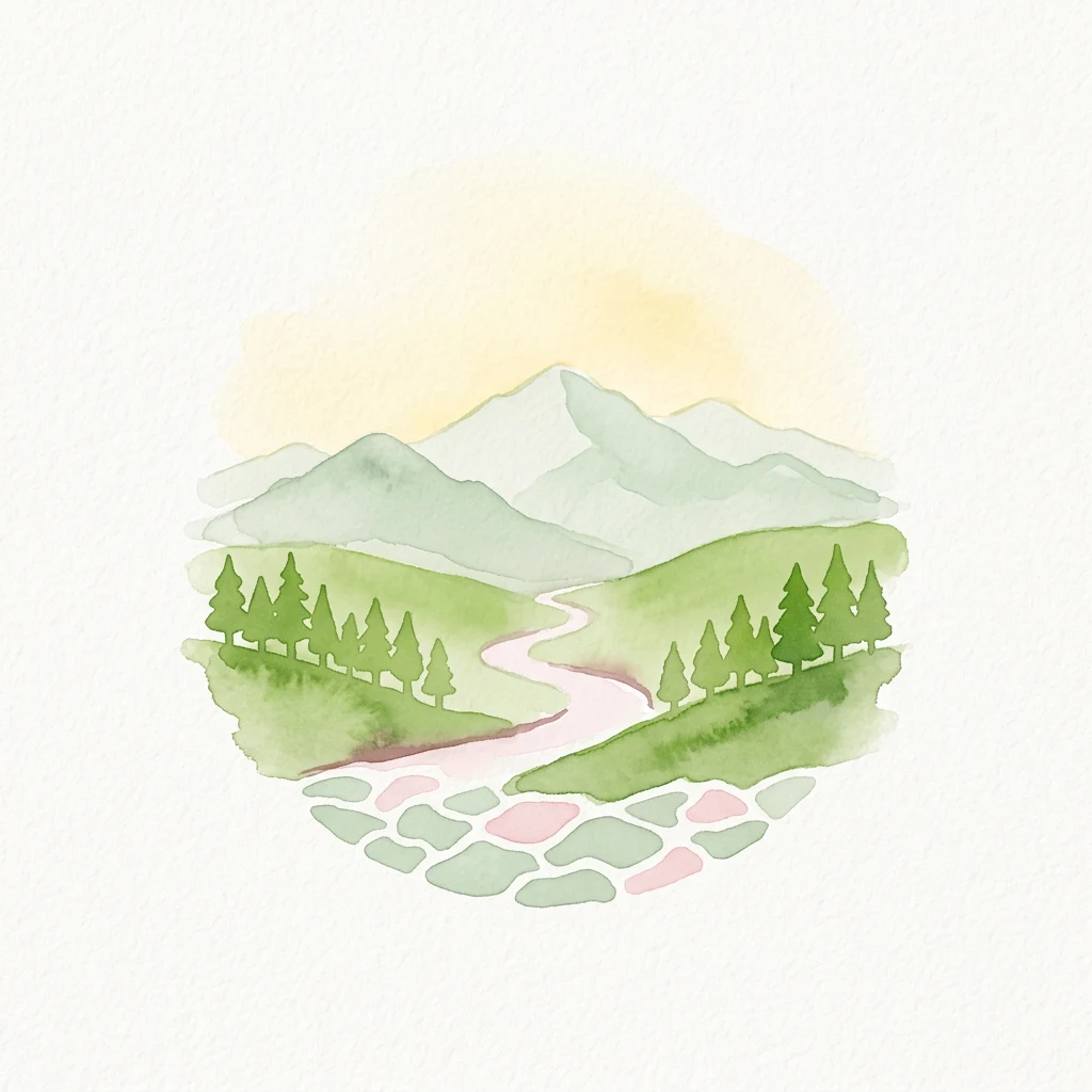 Watercolor illustration showing a mountain landscape with a winding path through green hills and forests