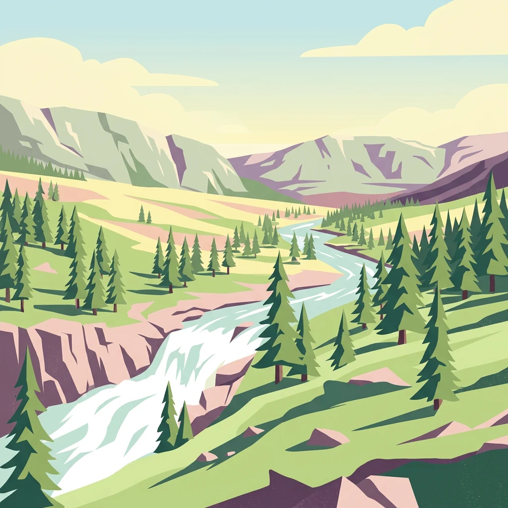 Ilustración estilizada que muestra un río fluyendo a través de un área montañosa con pinos y una cascada