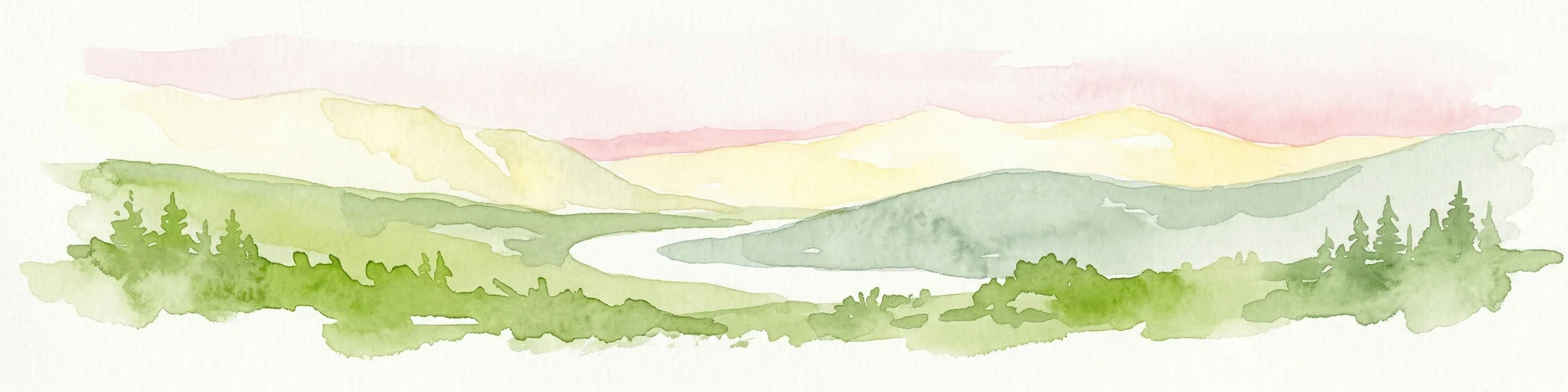 Pintura de acuarela de montañas, un río y árboles bajo un cielo rosa y amarillo