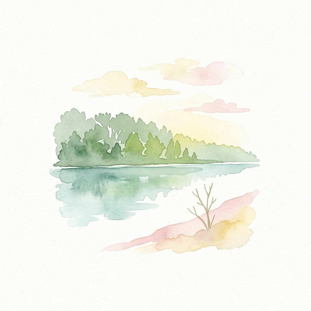 Ilustración en acuarela de un río tranquilo reflejando árboles verdes, con una pequeña rama seca en la orilla y nubes de color rosa pálido y amarillo en el cielo