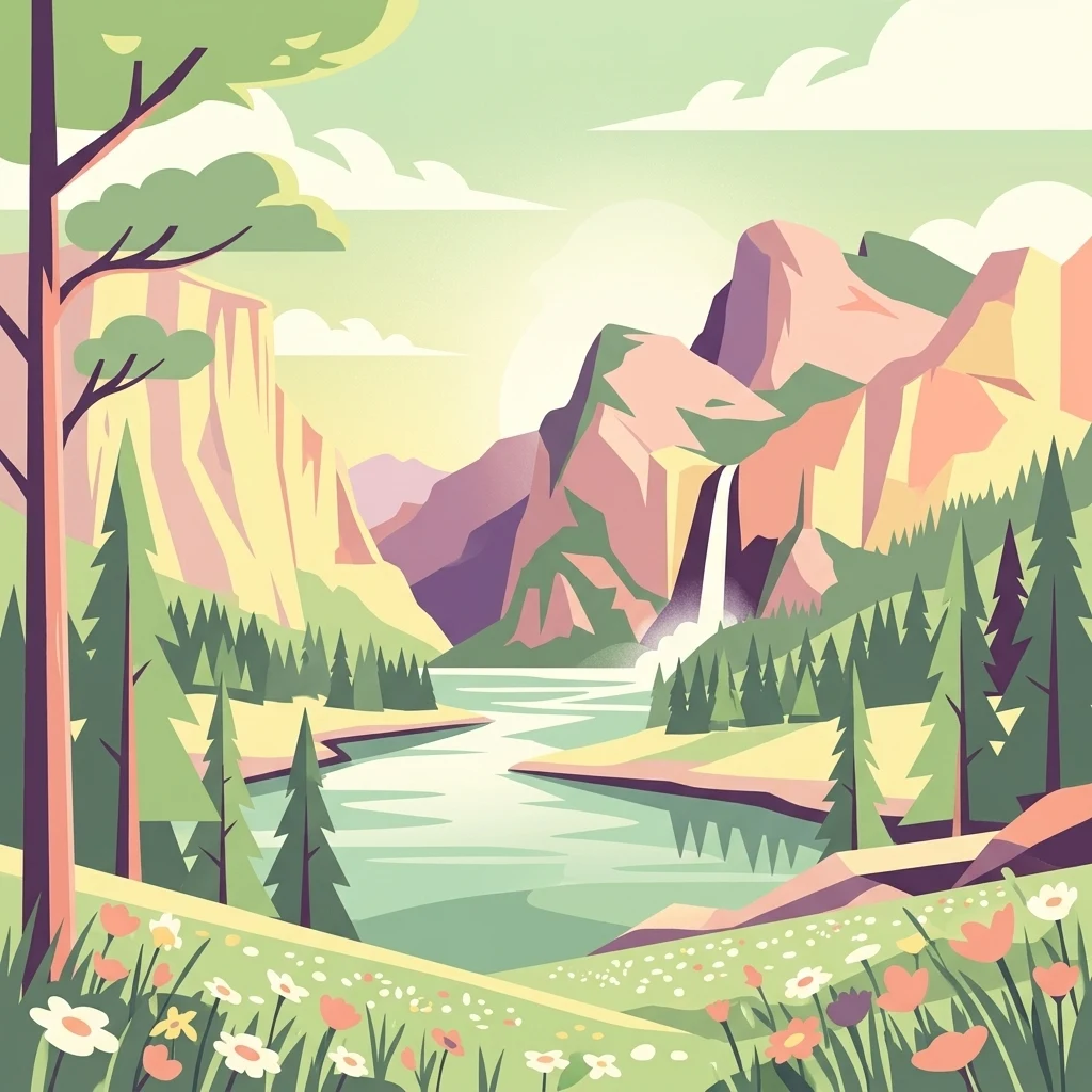Stylized illustration showing mountains, river, waterfalls, trees, and flowering meadows