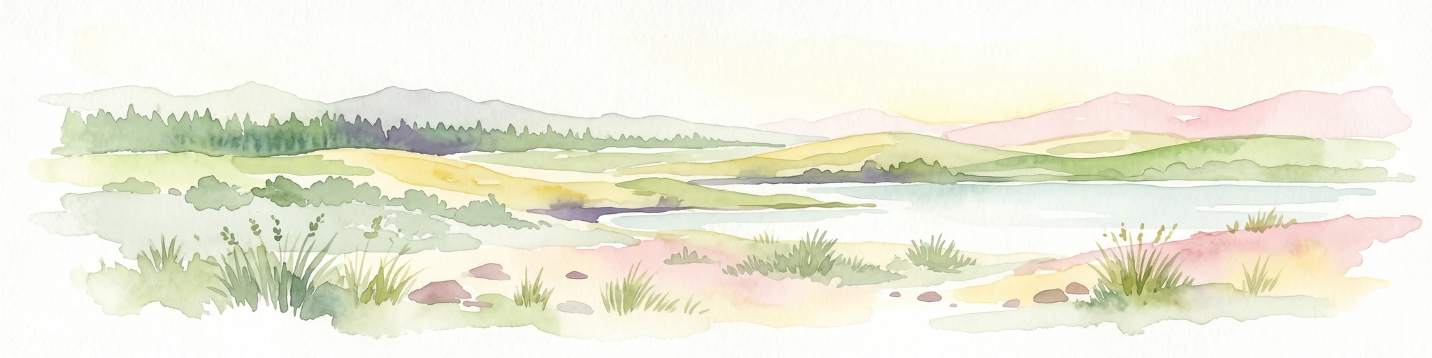 Watercolor painting of a landscape with grassy areas, a lake, and distant hills under a light sky
