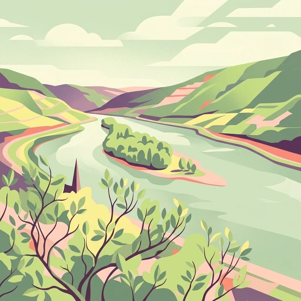 A stylized flat-art illustration showing a river winding through hills, with an island in the center and foliage in the immediate foreground.