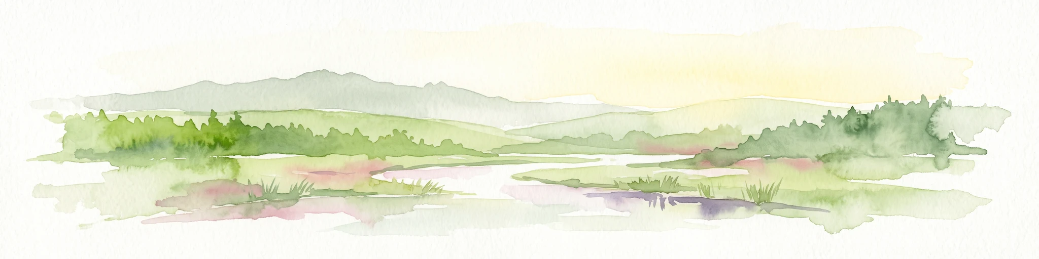 A horizontal watercolor painting showing a river winding through lush green islands and low hills in the background.