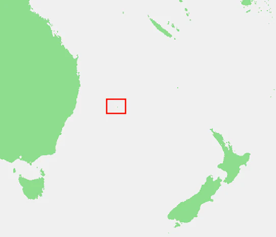 A simple location map showing the eastern coast of Australia and New Zealand with a small red rectangle marking the position of Lord Howe Island in the Tasman Sea.