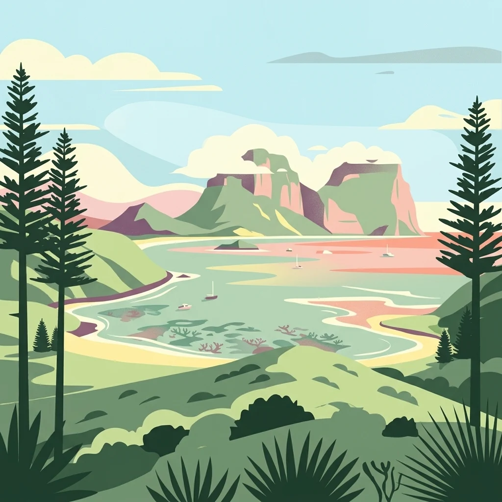 Una ilustración vectorial de estilo plano de una bahía costera rodeada de colinas, con prominentes pinos en primer plano, pequeños veleros en el agua y montañas escarpadas de cima plana al fondo bajo un cielo azul.