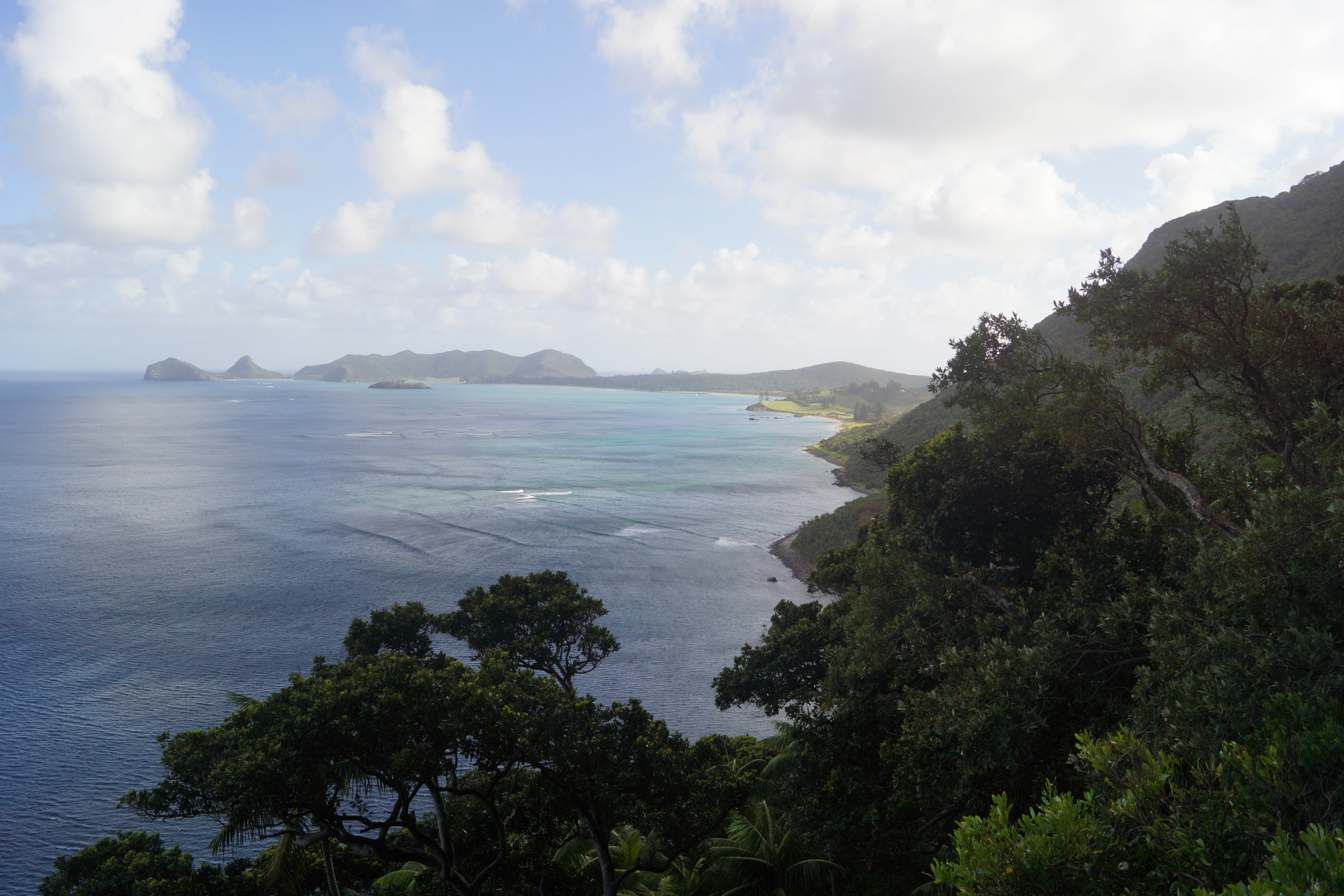 A wide, elevated view of a coastline with dark blue water meeting lush, forested hillsides and distant mountain peaks under a partly cloudy sky.