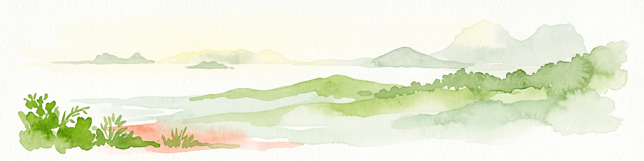 A horizontal watercolor painting showing a soft, hazy view of coastal hills and islands against a pale sky.