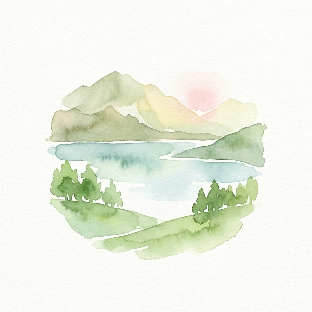 Watercolor painting of a lake and mountains with green hills and trees under a sunset sky