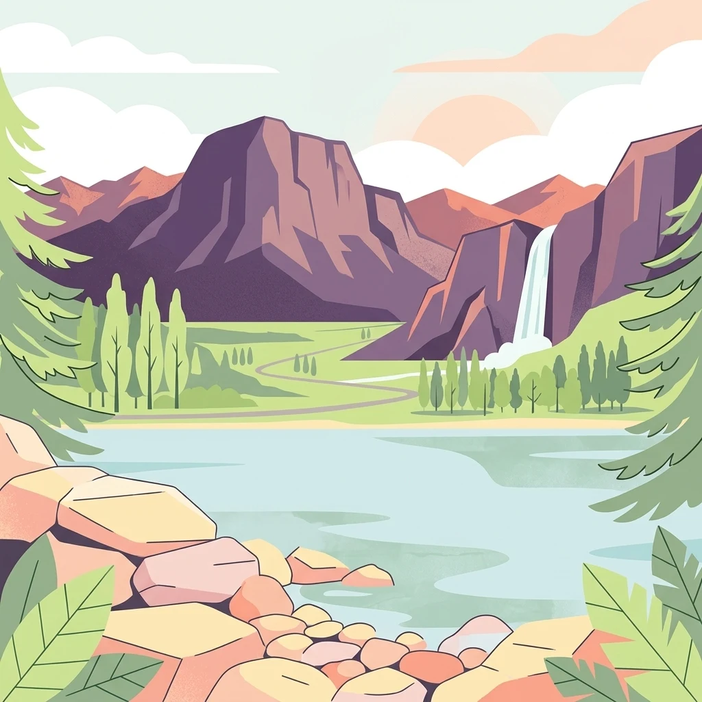 Escena ilustrada que muestra montañas, una cascada, un lago, pinos y una orilla rocosa