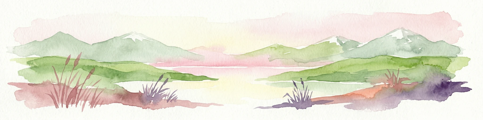 Watercolor painting depicting mountains, a lake, and grassy shoreline