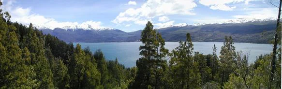 Panoramic view of Futalaufquen Lake with lush green forests in the foreground and distant mountains under a partly cloudy sky.
