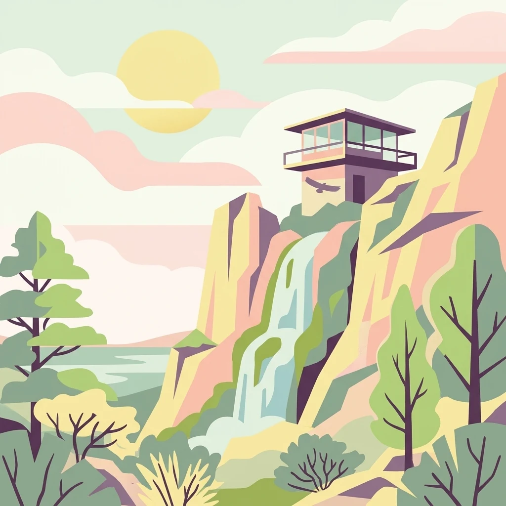 A stylized vector illustration of a fire lookout tower atop a rocky cliff next to a waterfall, surrounded by trees and mountains under a soft-colored sky.