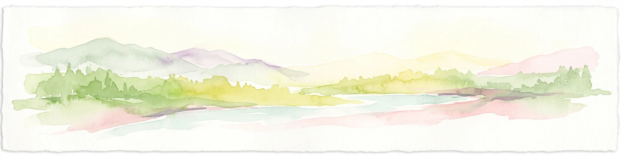 Watercolor painting of a mountain landscape with forested foothills and a valley in the foreground.