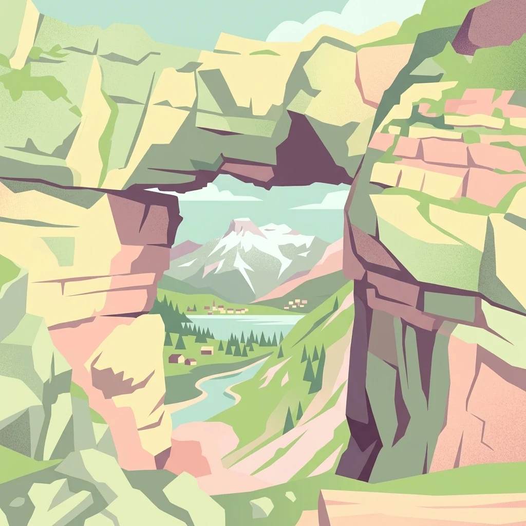 Una ilustración gráfica artística que presenta un arco de roca natural en primer plano enmarcando un paisaje alpino lejano con picos nevados, un lago y valles verdes.