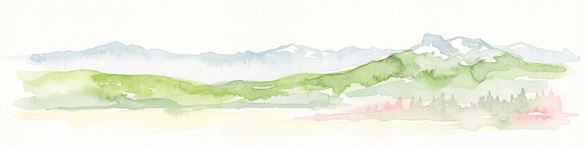 A soft watercolor illustration showing a panoramic view of mountain ridgelines in muted green, blue, and faint pink tones against a white background.