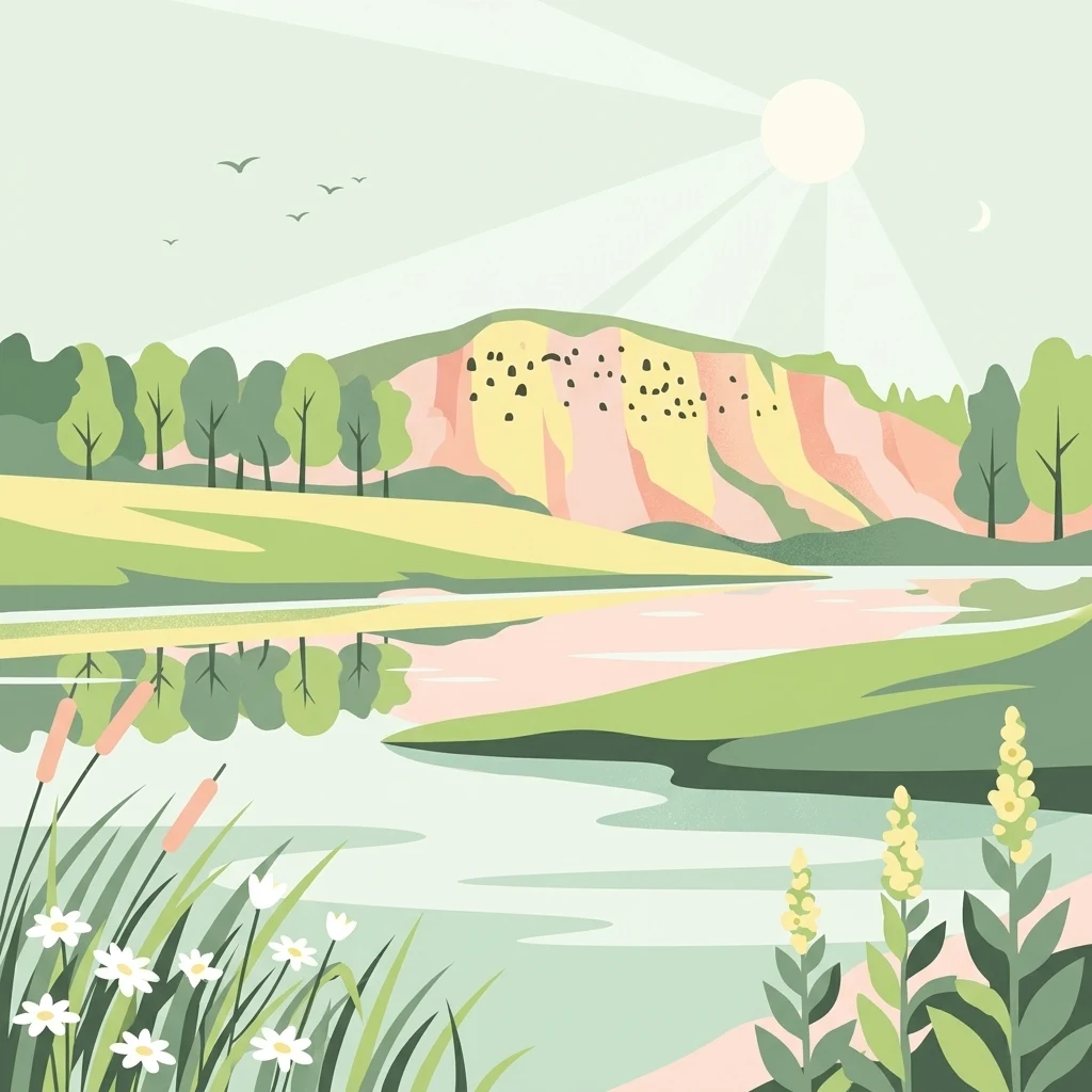 A flat-style digital illustration of a nature reserve landscape featuring a calm lake reflecting a sunny sky, surrounded by grassy banks, wildflowers, trees, and a distant sandy hill.