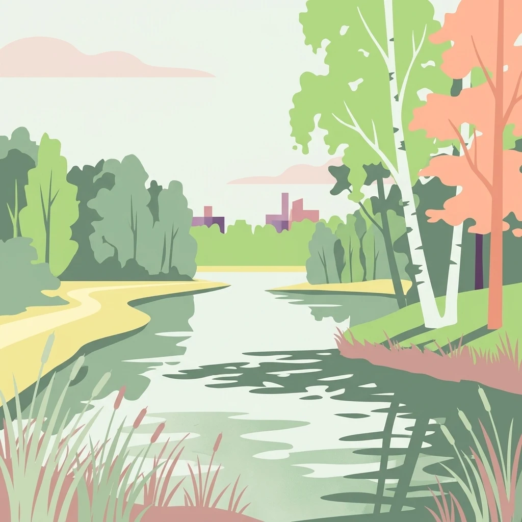 Ilustración estilizada que muestra un río serpenteando a través de un bosque verde con abedules en primer plano y un horizonte urbano de color púrpura visible al fondo bajo un cielo pálido.